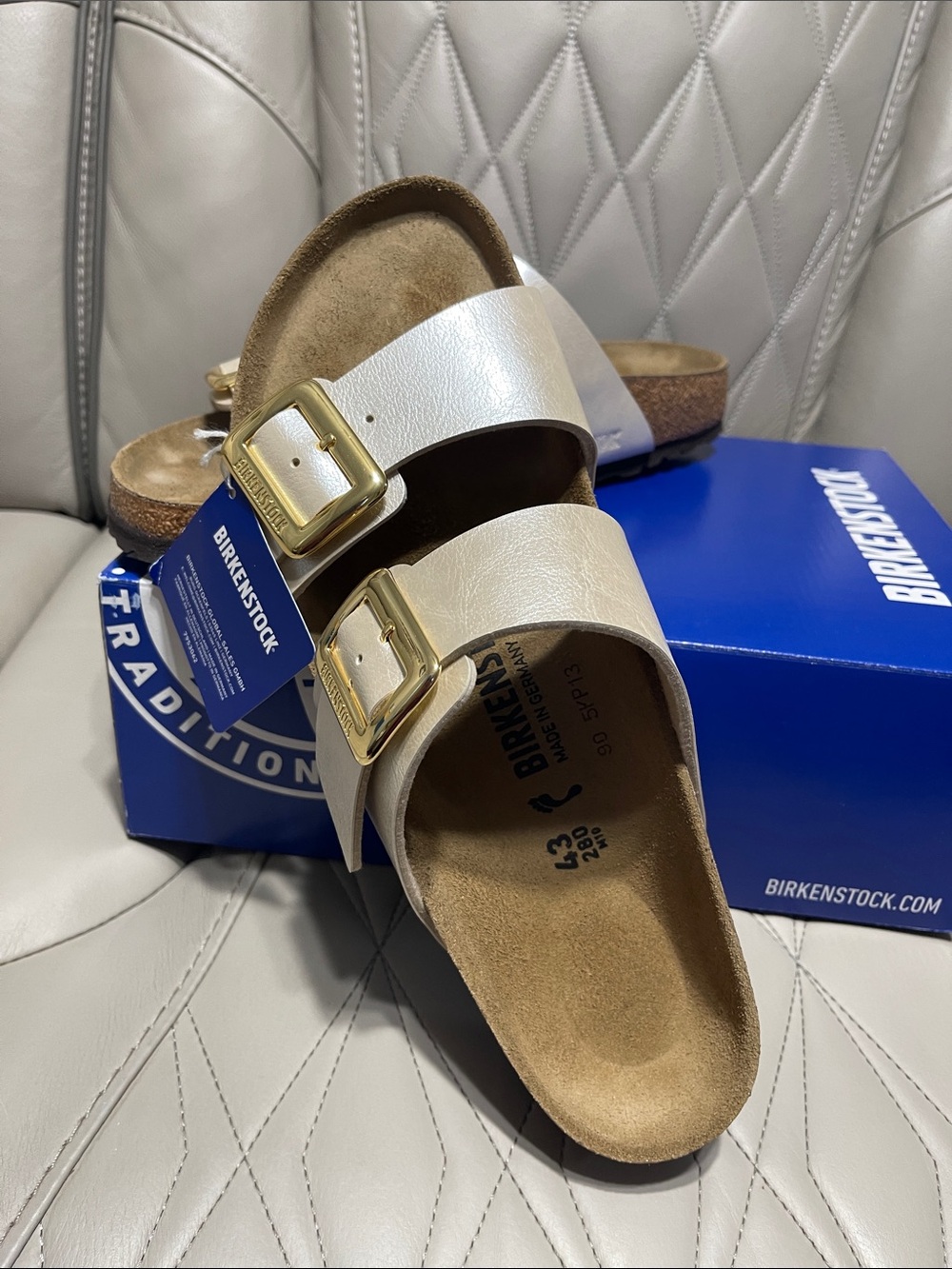 Birkenstock Graceful Pearl White Sydney Cushion Buckle Sandal with Gold Buckles - Picture 9 of 14